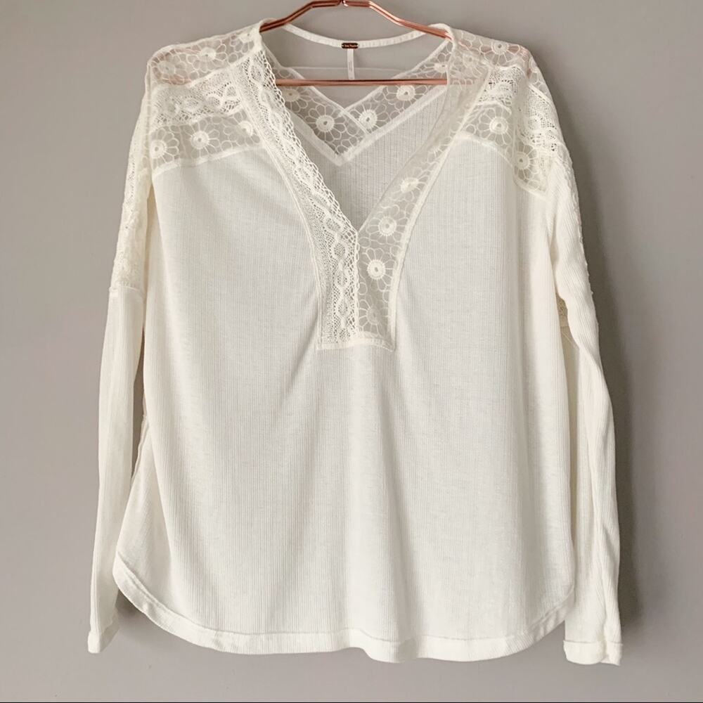 Free People Cream Lace-Trim Long Sleeve Tee - Picture 4 of 14